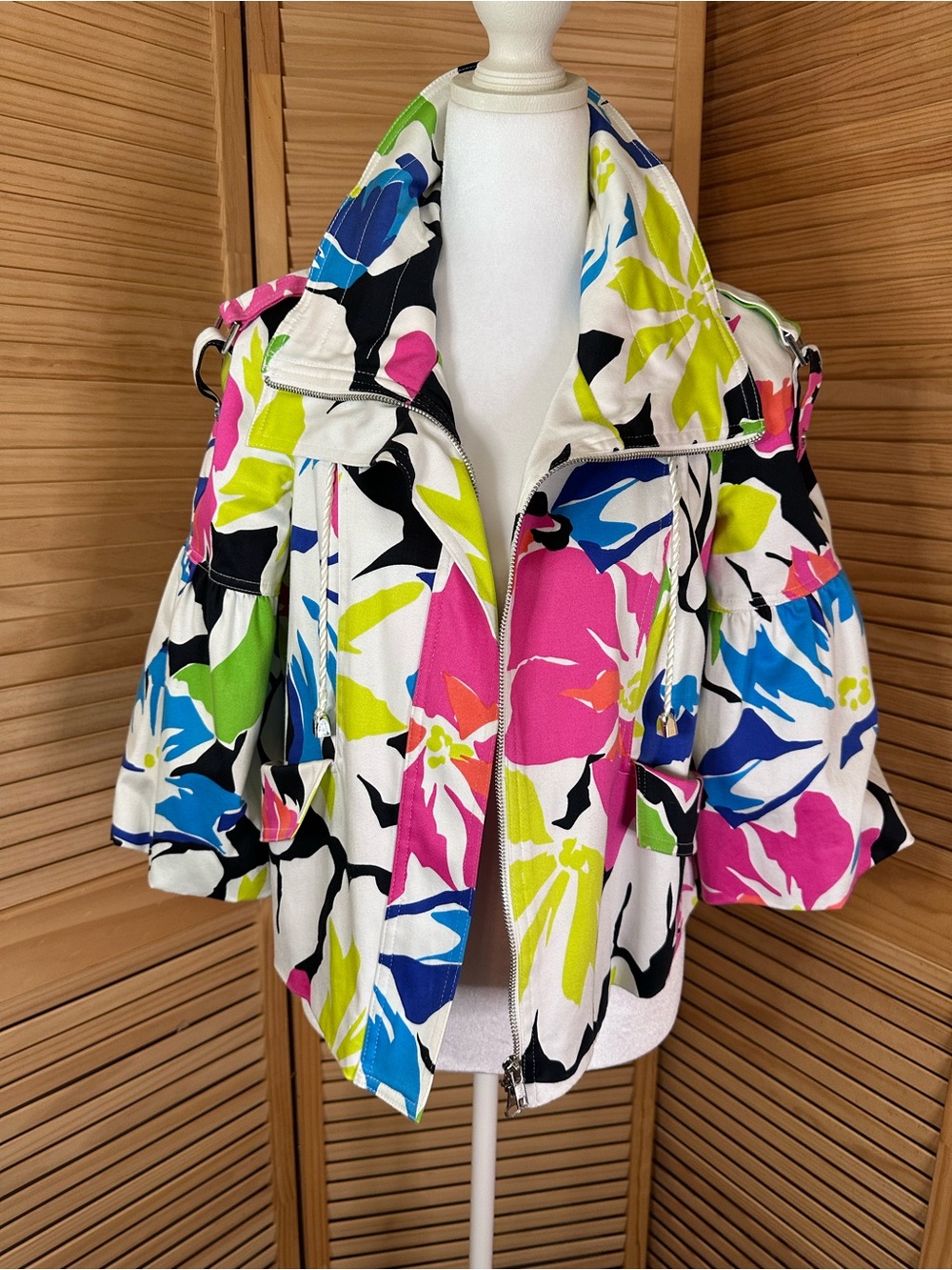 Cache Floral Print Bomber Jacket in Pink, Blue, Green, Black, White